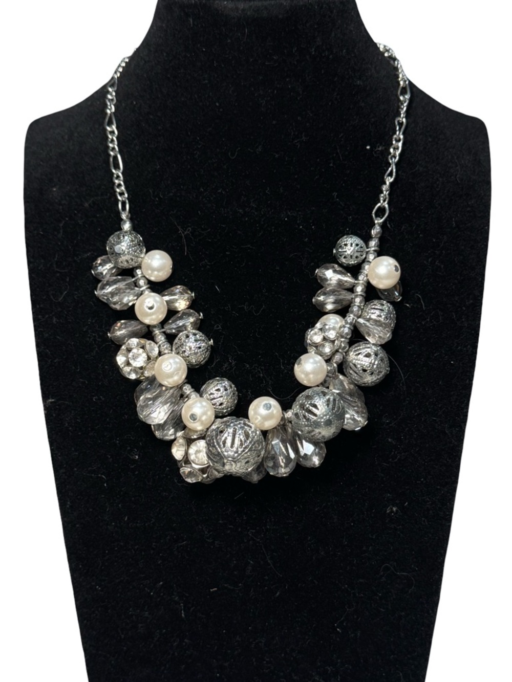 Silver Pearl Cluster Statement Necklace - Women Jewelry